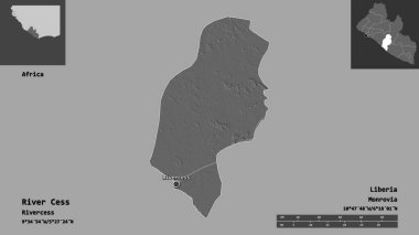 Cess Nehri 'nin şekli, Liberya Bölgesi ve başkenti. Uzaklık ölçeği, ön gösterimler ve etiketler. Çift seviyeli yükseklik haritası. 3B görüntüleme