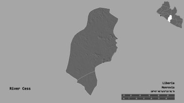 Liberya 'nın başkenti Cess Nehri' nin suretinde, arka planda izole edilmiş. Uzaklık ölçeği, bölge önizlemesi ve etiketleri. Çift seviyeli yükseklik haritası. 3B görüntüleme