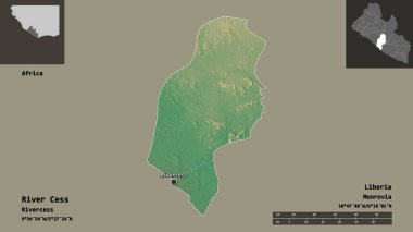 Cess Nehri 'nin şekli, Liberya Bölgesi ve başkenti. Uzaklık ölçeği, ön gösterimler ve etiketler. Topografik yardım haritası. 3B görüntüleme