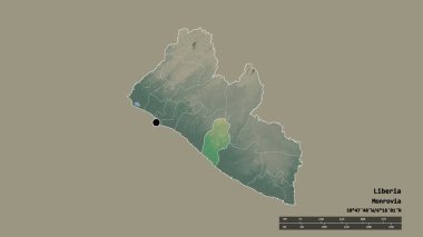 Başkenti, ana bölgesel bölümü ve ayrı nehir kenarı olan Liberya 'nın dejenere edilmiş şekli. Etiketler. Topografik yardım haritası. 3B görüntüleme