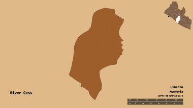 Liberya 'nın başkenti Cess Nehri' nin suretinde, arka planda izole edilmiş. Uzaklık ölçeği, bölge önizlemesi ve etiketleri. Desenli dokuların bileşimi. 3B görüntüleme