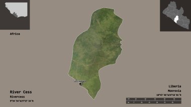 Cess Nehri 'nin şekli, Liberya Bölgesi ve başkenti. Uzaklık ölçeği, ön gösterimler ve etiketler. Uydu görüntüleri. 3B görüntüleme