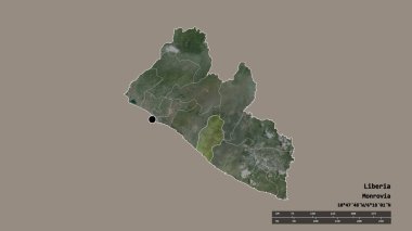 Başkenti, ana bölgesel bölümü ve ayrı nehir kenarı olan Liberya 'nın dejenere edilmiş şekli. Etiketler. Uydu görüntüleri. 3B görüntüleme