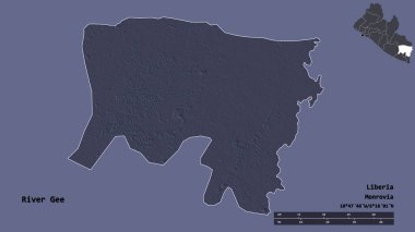 Liberya 'nın başkenti Gri Nehri' nin şekli, arka planda izole edilmiş. Uzaklık ölçeği, bölge önizlemesi ve etiketleri. Renkli yükseklik haritası. 3B görüntüleme