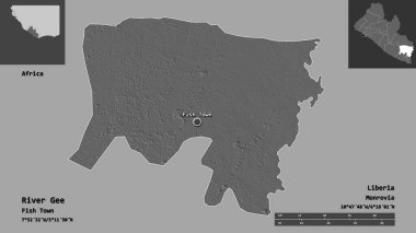 Liberya Eyaleti ve başkenti Gee Nehri 'nin şekli. Uzaklık ölçeği, ön gösterimler ve etiketler. Çift seviyeli yükseklik haritası. 3B görüntüleme