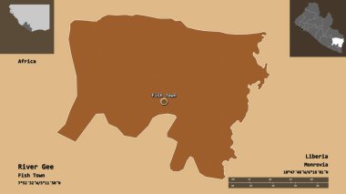 Liberya Eyaleti ve başkenti Gee Nehri 'nin şekli. Uzaklık ölçeği, ön gösterimler ve etiketler. Desenli dokuların bileşimi. 3B görüntüleme