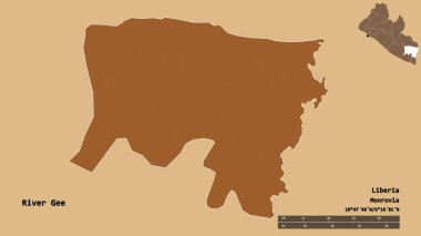 Liberya 'nın başkenti Gri Nehri' nin şekli, arka planda izole edilmiş. Uzaklık ölçeği, bölge önizlemesi ve etiketleri. Desenli dokuların bileşimi. 3B görüntüleme