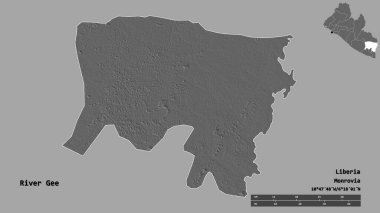 Liberya 'nın başkenti Gri Nehri' nin şekli, arka planda izole edilmiş. Uzaklık ölçeği, bölge önizlemesi ve etiketleri. Çift seviyeli yükseklik haritası. 3B görüntüleme