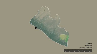 Başkenti, ana bölgesel bölümü ve ayrık River Gee bölgesi ile Liberya 'nın dejenere edilmiş şekli. Etiketler. Topografik yardım haritası. 3B görüntüleme