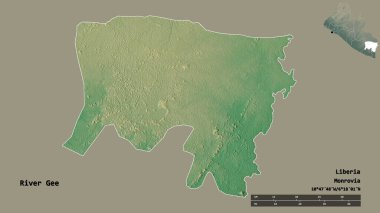 Liberya 'nın başkenti Gri Nehri' nin şekli, arka planda izole edilmiş. Uzaklık ölçeği, bölge önizlemesi ve etiketleri. Topografik yardım haritası. 3B görüntüleme