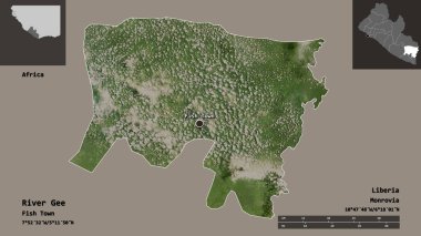 Liberya Eyaleti ve başkenti Gee Nehri 'nin şekli. Uzaklık ölçeği, ön gösterimler ve etiketler. Uydu görüntüleri. 3B görüntüleme