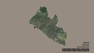 Başkenti, ana bölgesel bölümü ve ayrık River Gee bölgesi ile Liberya 'nın dejenere edilmiş şekli. Etiketler. Uydu görüntüleri. 3B görüntüleme