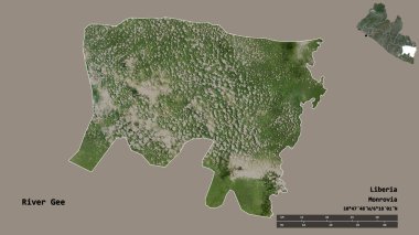 Liberya 'nın başkenti Gri Nehri' nin şekli, arka planda izole edilmiş. Uzaklık ölçeği, bölge önizlemesi ve etiketleri. Uydu görüntüleri. 3B görüntüleme