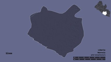 Liberya 'nın Sinoe ilçesi, başkenti sağlam bir zemin üzerinde izole edilmiştir. Uzaklık ölçeği, bölge önizlemesi ve etiketleri. Renkli yükseklik haritası. 3B görüntüleme