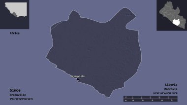 Sinoe Şekli, Liberya Bölgesi ve başkenti. Uzaklık ölçeği, ön gösterimler ve etiketler. Renkli yükseklik haritası. 3B görüntüleme