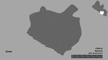 Liberya 'nın Sinoe ilçesi, başkenti sağlam bir zemin üzerinde izole edilmiştir. Uzaklık ölçeği, bölge önizlemesi ve etiketleri. Çift seviyeli yükseklik haritası. 3B görüntüleme