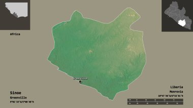 Sinoe Şekli, Liberya Bölgesi ve başkenti. Uzaklık ölçeği, ön gösterimler ve etiketler. Topografik yardım haritası. 3B görüntüleme