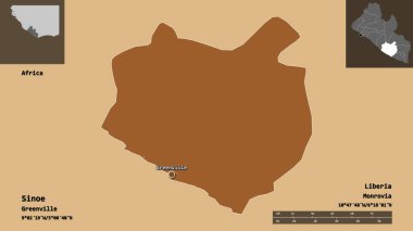 Sinoe Şekli, Liberya Bölgesi ve başkenti. Uzaklık ölçeği, ön gösterimler ve etiketler. Desenli dokuların bileşimi. 3B görüntüleme