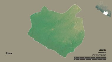 Liberya 'nın Sinoe ilçesi, başkenti sağlam bir zemin üzerinde izole edilmiştir. Uzaklık ölçeği, bölge önizlemesi ve etiketleri. Topografik yardım haritası. 3B görüntüleme