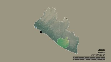Başkenti, ana bölgesel bölümü ve ayrılmış Sinoe bölgesiyle birlikte Liberya 'nın dejenere edilmiş şekli. Etiketler. Topografik yardım haritası. 3B görüntüleme