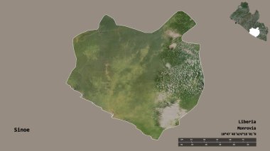 Liberya 'nın Sinoe ilçesi, başkenti sağlam bir zemin üzerinde izole edilmiştir. Uzaklık ölçeği, bölge önizlemesi ve etiketleri. Uydu görüntüleri. 3B görüntüleme