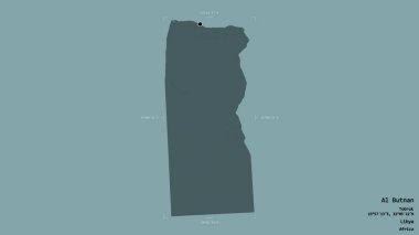 Al Butnan bölgesi, Libya bölgesi, sağlam bir arka planda izole edilmiş bir sınır kutusunda. Etiketler. Renkli yükseklik haritası. 3B görüntüleme