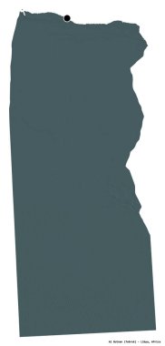 Libya 'nın El Butnan ilçesi, başkenti beyaz arka planda izole edilmiş. Renkli yükseklik haritası. 3B görüntüleme