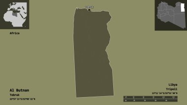 Libya 'nın El Butnan ilçesi ve başkenti. Uzaklık ölçeği, ön gösterimler ve etiketler. Renkli yükseklik haritası. 3B görüntüleme