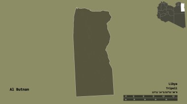 Libya 'nın El Butnan ilçesi, başkenti sağlam arka planda izole edilmiş. Uzaklık ölçeği, bölge önizlemesi ve etiketleri. Renkli yükseklik haritası. 3B görüntüleme