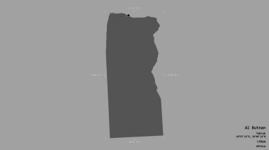 Al Butnan bölgesi, Libya bölgesi, sağlam bir arka planda izole edilmiş bir sınır kutusunda. Etiketler. Çift seviyeli yükseklik haritası. 3B görüntüleme
