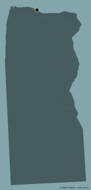 Libya 'nın El Butnan ilçesi, başkenti katı bir renk arka planına sahip. Renkli yükseklik haritası. 3B görüntüleme