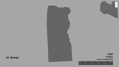 Libya 'nın El Butnan ilçesi, başkenti sağlam arka planda izole edilmiş. Uzaklık ölçeği, bölge önizlemesi ve etiketleri. Çift seviyeli yükseklik haritası. 3B görüntüleme