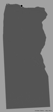 Libya 'nın El Butnan ilçesi, başkenti katı bir renk arka planına sahip. Çift seviyeli yükseklik haritası. 3B görüntüleme