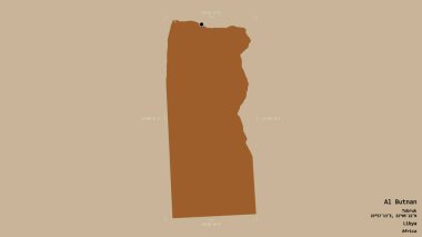Al Butnan bölgesi, Libya bölgesi, sağlam bir arka planda izole edilmiş bir sınır kutusunda. Etiketler. Desenli dokuların bileşimi. 3B görüntüleme