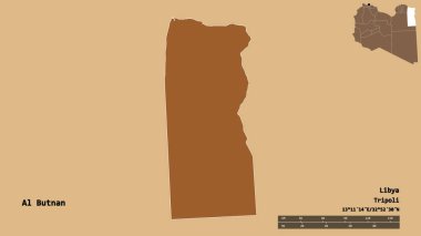 Libya 'nın El Butnan ilçesi, başkenti sağlam arka planda izole edilmiş. Uzaklık ölçeği, bölge önizlemesi ve etiketleri. Desenli dokuların bileşimi. 3B görüntüleme