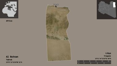 Libya 'nın El Butnan ilçesi ve başkenti. Uzaklık ölçeği, ön gösterimler ve etiketler. Uydu görüntüleri. 3B görüntüleme