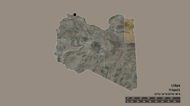 Başkenti, ana bölgesel bölünmesi ve ayrılmış El Butnan bölgesiyle Libya 'nın dejenere edilmiş şekli. Etiketler. Uydu görüntüleri. 3B görüntüleme
