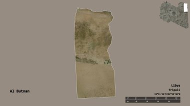 Libya 'nın El Butnan ilçesi, başkenti sağlam arka planda izole edilmiş. Uzaklık ölçeği, bölge önizlemesi ve etiketleri. Uydu görüntüleri. 3B görüntüleme