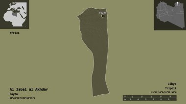Al Jabal al Akhdar 'ın şekli, Libya bölgesi ve başkenti. Uzaklık ölçeği, ön gösterimler ve etiketler. Renkli yükseklik haritası. 3B görüntüleme
