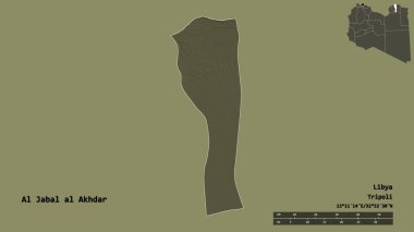Libya 'nın El Celal Akhdar ilçesi, başkenti sağlam bir altyapıya sahip. Uzaklık ölçeği, bölge önizlemesi ve etiketleri. Renkli yükseklik haritası. 3B görüntüleme