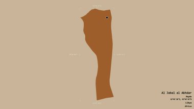 Al Jabal al Akhdar bölgesi, Libya bölgesi, sağlam bir arka planda izole edilmiş bir sınır kutusunda. Etiketler. Desenli dokuların bileşimi. 3B görüntüleme