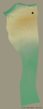 Libya 'nın El Celal Akhdar ilçesi, başkenti sağlam bir renk geçmişine sahip. Topografik yardım haritası. 3B görüntüleme