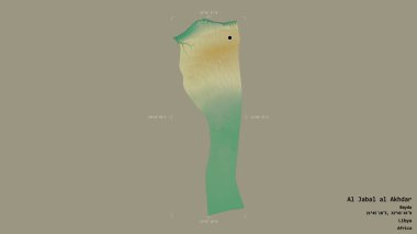 Al Jabal al Akhdar bölgesi, Libya bölgesi, sağlam bir arka planda izole edilmiş bir sınır kutusunda. Etiketler. Topografik yardım haritası. 3B görüntüleme