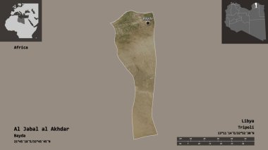 Al Jabal al Akhdar 'ın şekli, Libya bölgesi ve başkenti. Uzaklık ölçeği, ön gösterimler ve etiketler. Uydu görüntüleri. 3B görüntüleme