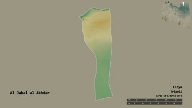 Libya 'nın El Celal Akhdar ilçesi, başkenti sağlam bir altyapıya sahip. Uzaklık ölçeği, bölge önizlemesi ve etiketleri. Topografik yardım haritası. 3B görüntüleme