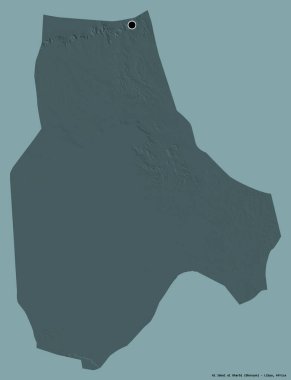 Libya 'nın El Cebrail al Gharbi bölgesinin şekli, başkenti sağlam bir renk geçmişine sahip. Renkli yükseklik haritası. 3B görüntüleme