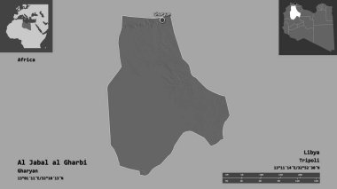 Al Jabal al Gharbi 'nin şekli, Libya bölgesi ve başkenti. Uzaklık ölçeği, ön gösterimler ve etiketler. Çift seviyeli yükseklik haritası. 3B görüntüleme
