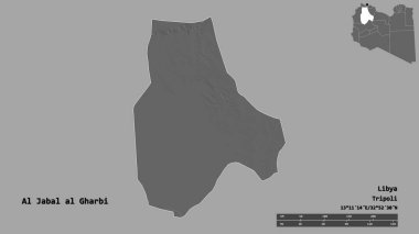 Al Jabal al Gharbi 'nin şekli, Libya bölgesi, başkenti sağlam arka planda izole edilmiş. Uzaklık ölçeği, bölge önizlemesi ve etiketleri. Çift seviyeli yükseklik haritası. 3B görüntüleme
