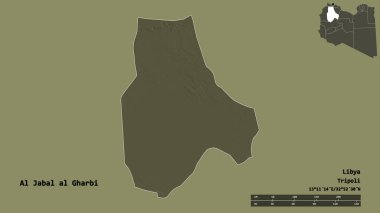 Al Jabal al Gharbi 'nin şekli, Libya bölgesi, başkenti sağlam arka planda izole edilmiş. Uzaklık ölçeği, bölge önizlemesi ve etiketleri. Renkli yükseklik haritası. 3B görüntüleme