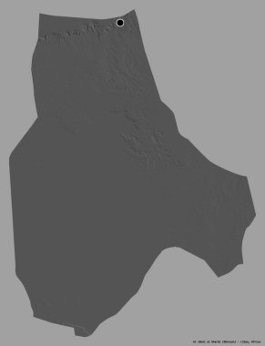 Libya 'nın El Cebrail al Gharbi bölgesinin şekli, başkenti sağlam bir renk geçmişine sahip. Çift seviyeli yükseklik haritası. 3B görüntüleme